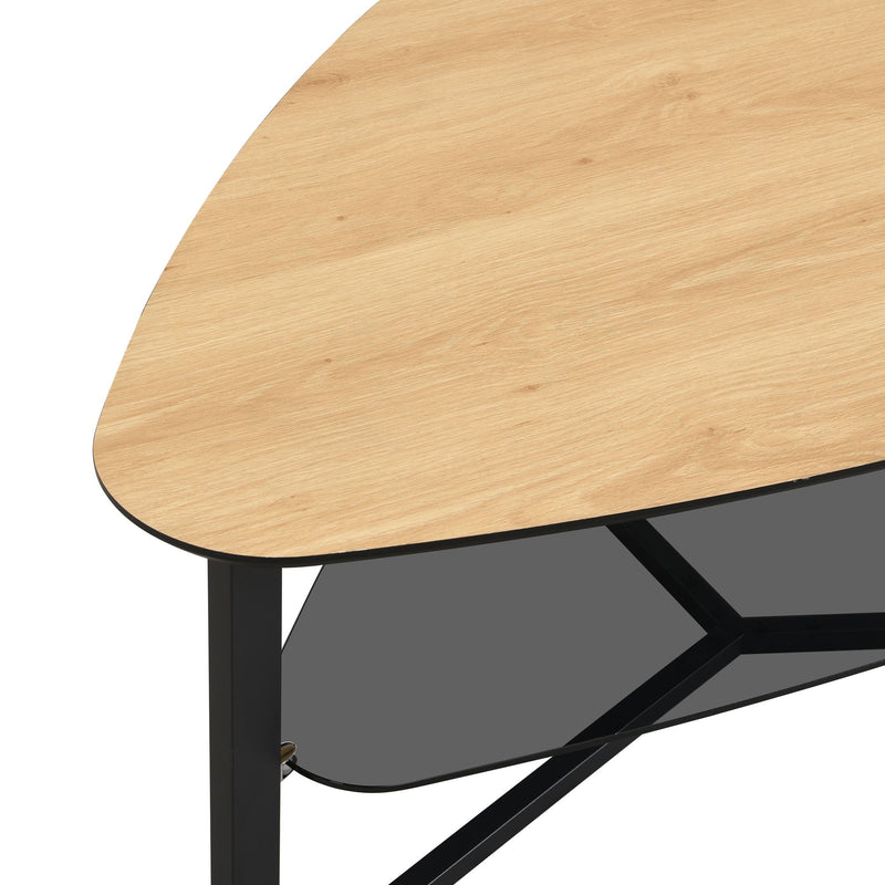 Couchtisch nierenförmig Eiche-Optik, Glasablage & Metallgestell 110 cm