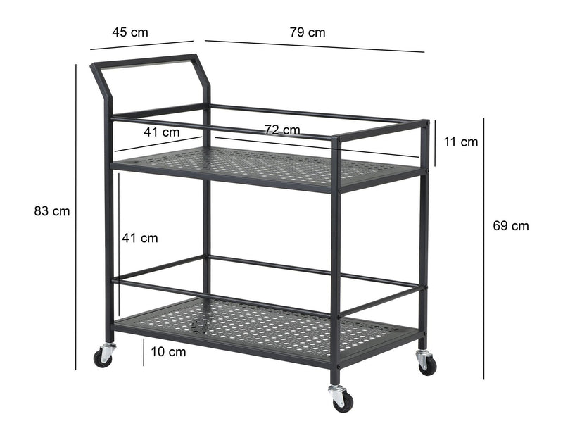 Servierwagen aus Metall in Schwarz mit Rollen & Bremsen, 2 Ebenen