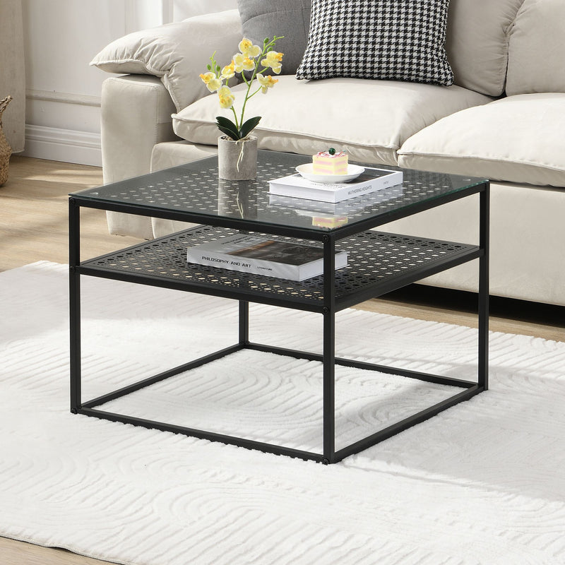 Couchtisch Glas Metall Schwarz 60x60x45 cm mit Ablage von Wohnling