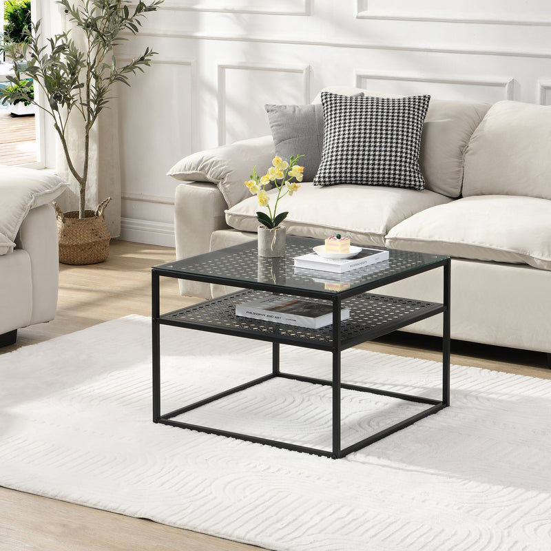 Couchtisch Glas Metall Schwarz 60x60x45 cm mit Ablage von Wohnling