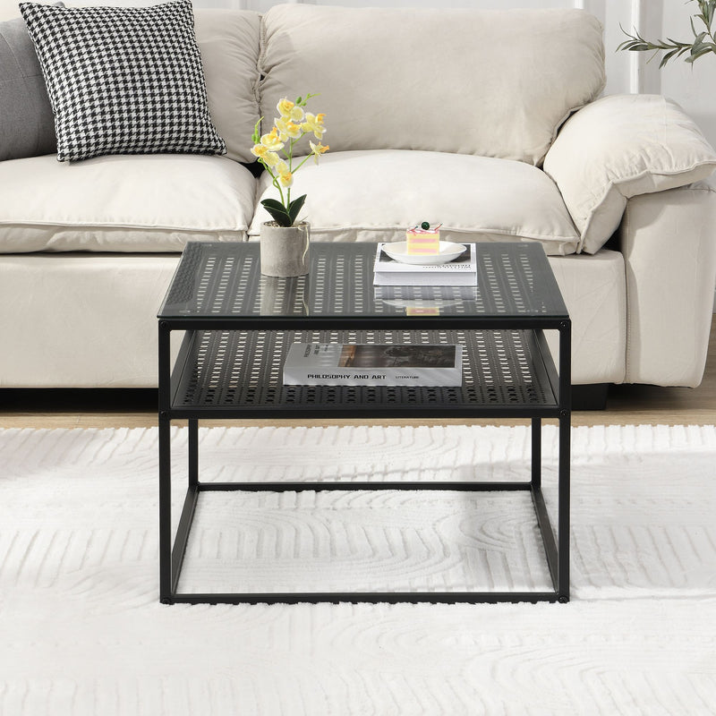 Couchtisch Glas Metall Schwarz 60x60x45 cm mit Ablage von Wohnling