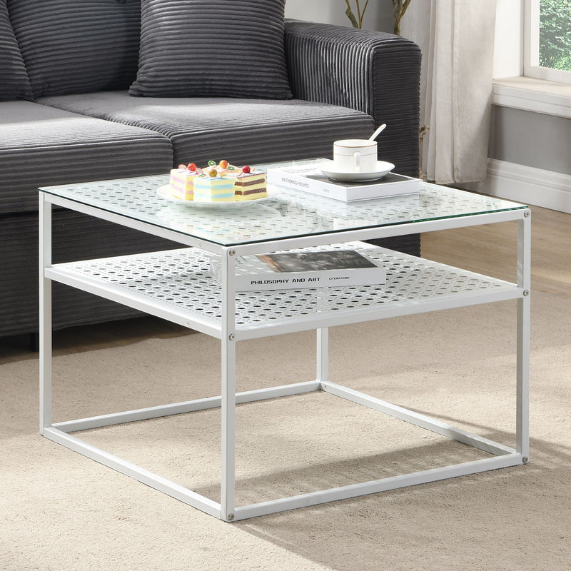 Wohnling Couchtisch Glas Metall Weiß, Quadratisch 60x60 cm mit Ablage