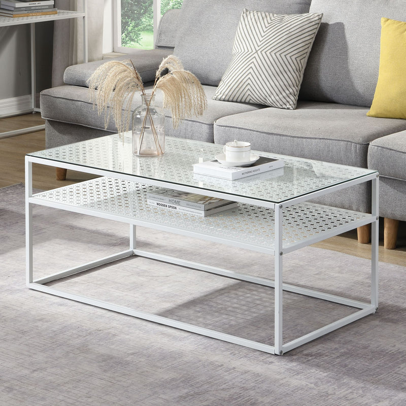Couchtisch Glas Rechteckig 100 cm Weiß mit Ablage, Industrial-Design