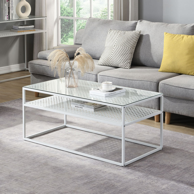 Couchtisch Glas Rechteckig 100 cm Weiß mit Ablage, Industrial-Design