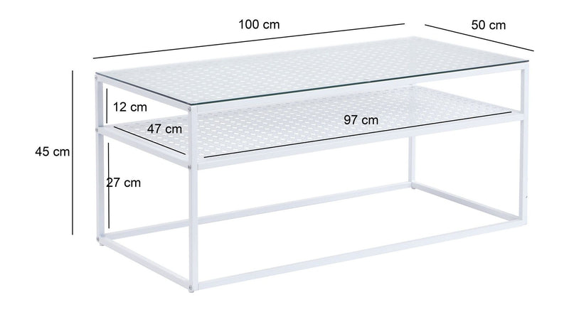 Couchtisch Glas Rechteckig 100 cm Weiß mit Ablage, Industrial-Design