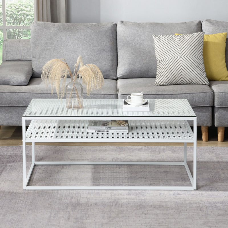 Couchtisch Glas Rechteckig 100 cm Weiß mit Ablage, Industrial-Design