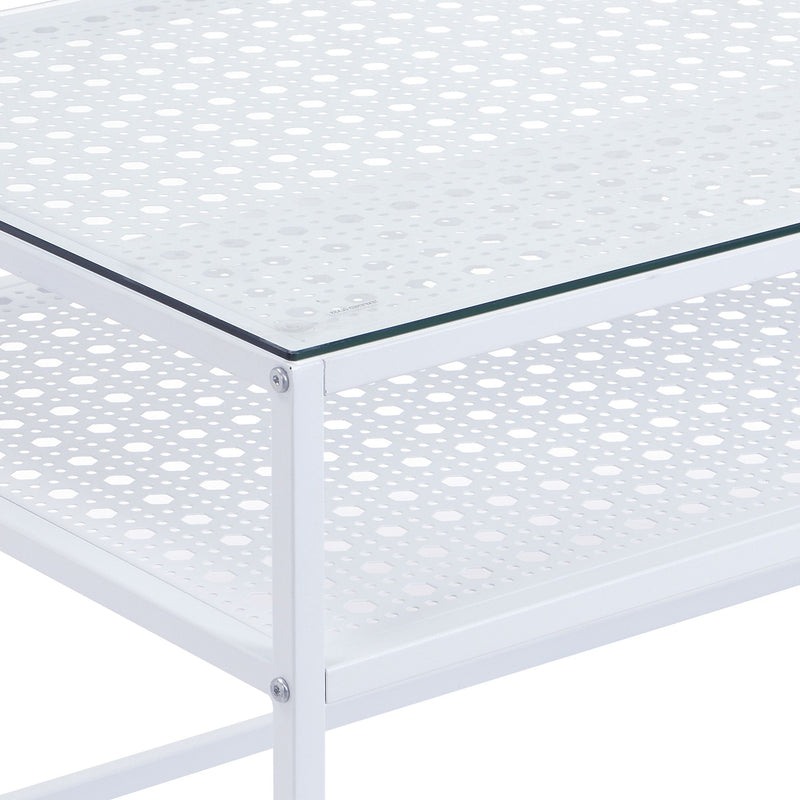 Couchtisch Glas Rechteckig 100 cm Weiß mit Ablage, Industrial-Design