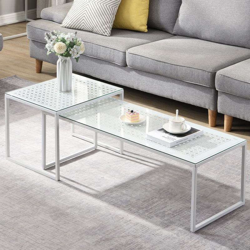 Satztisch Glas & Metall 2er-Set in Weiß, Couchtisch für Wohnzimmer