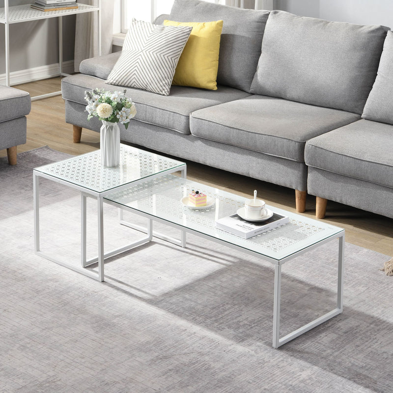 Satztisch Glas & Metall 2er-Set in Weiß, Couchtisch für Wohnzimmer