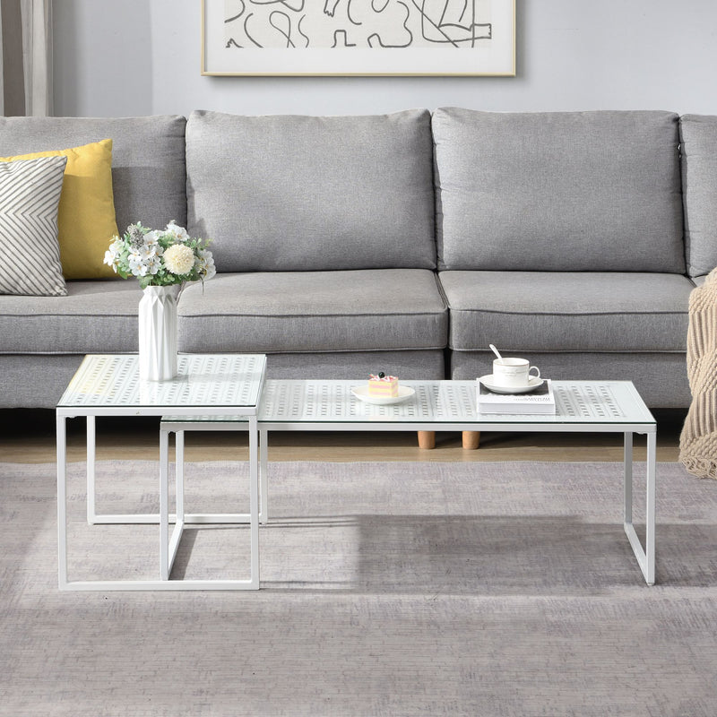 Satztisch Glas & Metall 2er-Set in Weiß, Couchtisch für Wohnzimmer