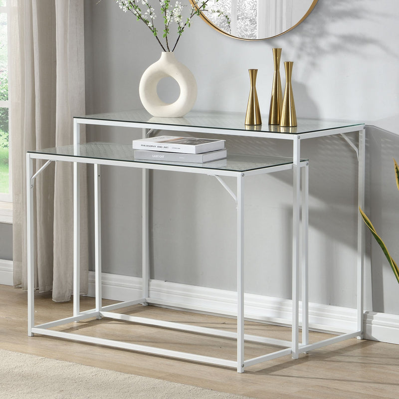 Konsolentisch Set im Industrial Design: 2er-Set in Weiß mit Glasplatte