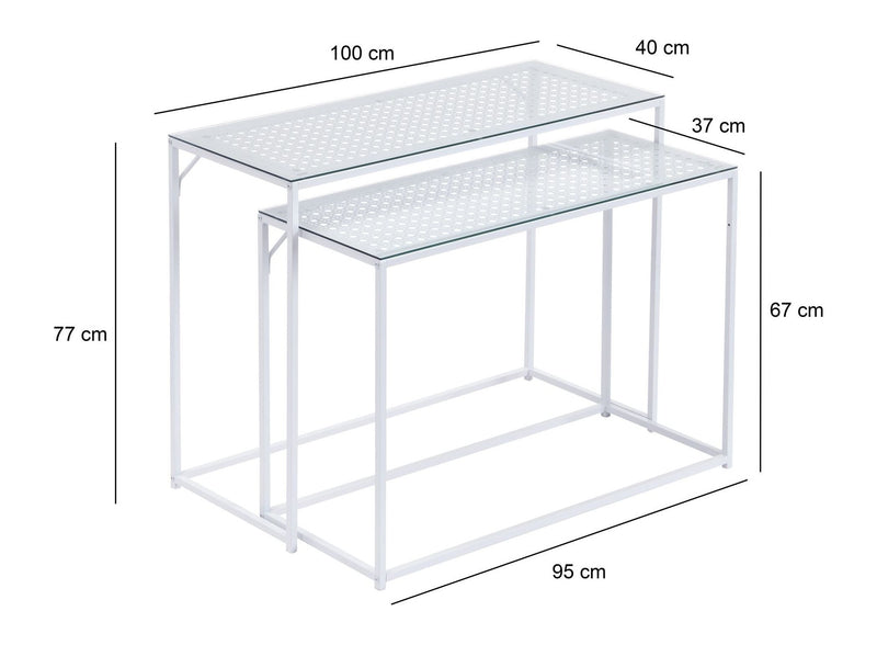 Konsolentisch Set im Industrial Design: 2er-Set in Weiß mit Glasplatte