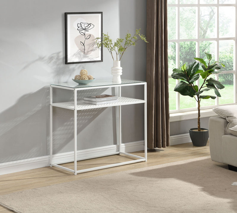 Konsolentisch Glas Metall Weiß, Flurtisch mit Ablage im Loft-Stil