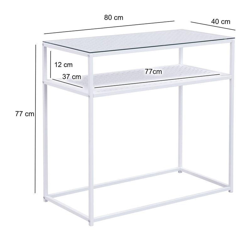 Konsolentisch Glas Metall Weiß, Flurtisch mit Ablage im Loft-Stil