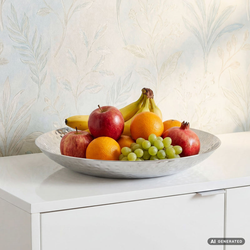 Obstschale Rund Silber 50 cm, Hammerschlag-Design aus Aluminium