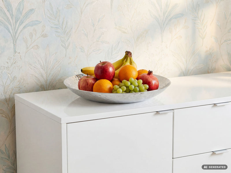 Obstschale Rund Silber 50 cm, Hammerschlag-Design aus Aluminium