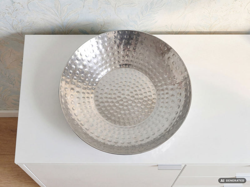 Obstschale Rund Silber aus Aluminium mit Hammerschlag-Optik, 36 cm Ø