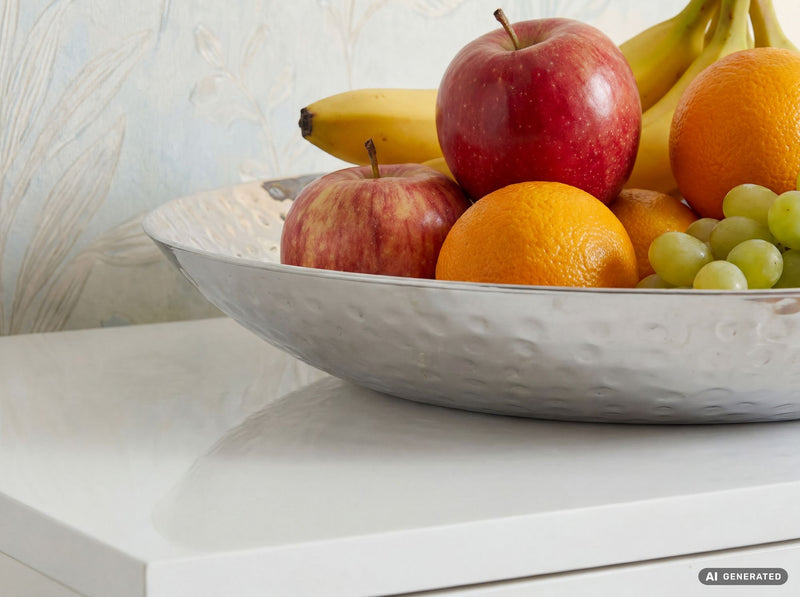 Obstschale Rund Silber aus Aluminium mit Hammerschlag-Optik, 36 cm Ø
