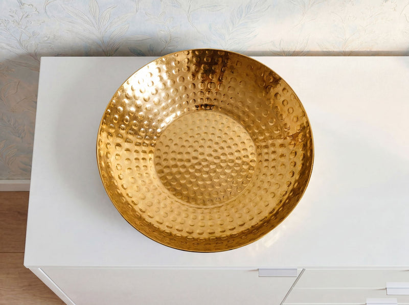 Obstschale Gold Rund aus Aluminium im Hammerschlag-Design, 36 cm Ø