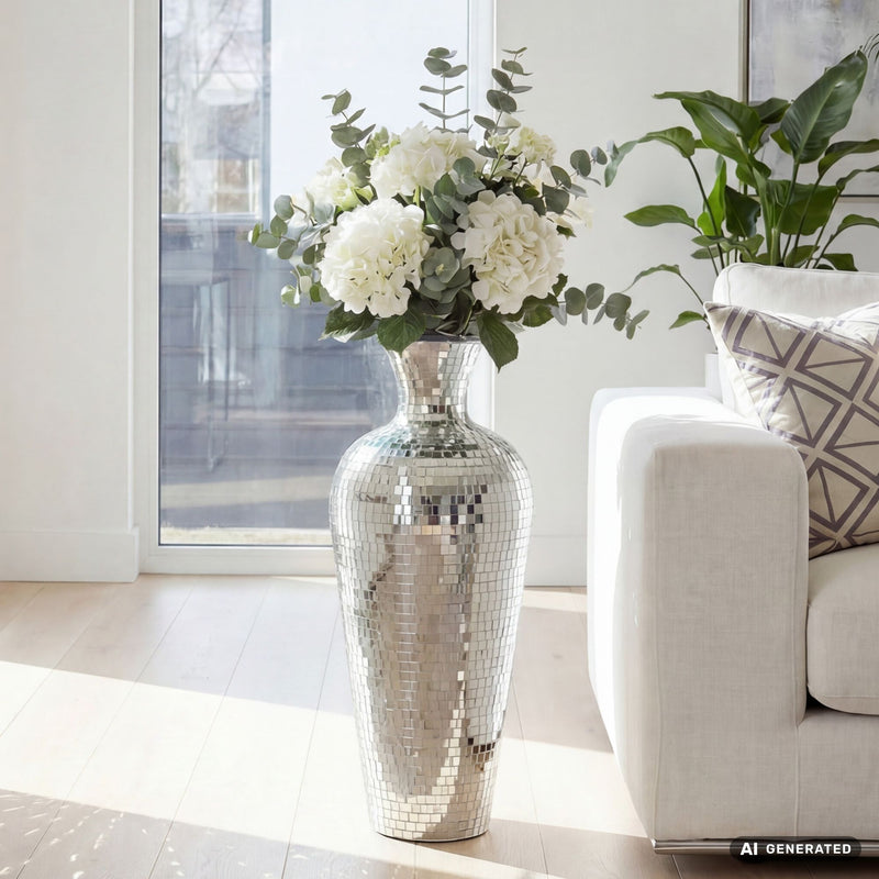 Bodenvase Mosaik Silber 70 cm XXL Standvase im Disco-Kugel-Design