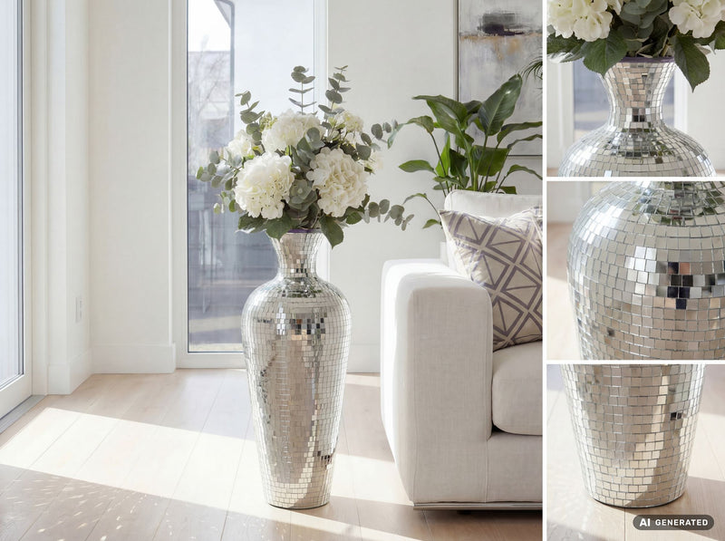 Bodenvase Mosaik Silber 70 cm XXL Standvase im Disco-Kugel-Design