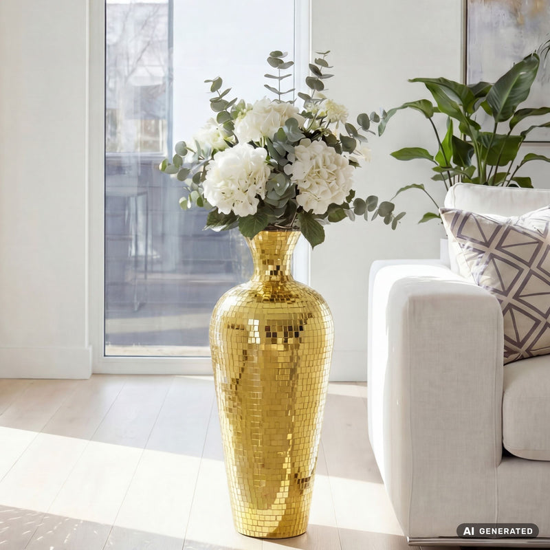 Bodenvase Mosaik Gold 70 cm aus Aluminium – Wohnling XL Standvase