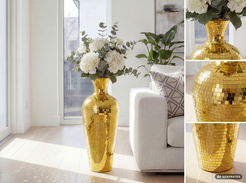 Bodenvase Aluminium Gold im Discokugel-Design, 50 cm hoch von Wohnling