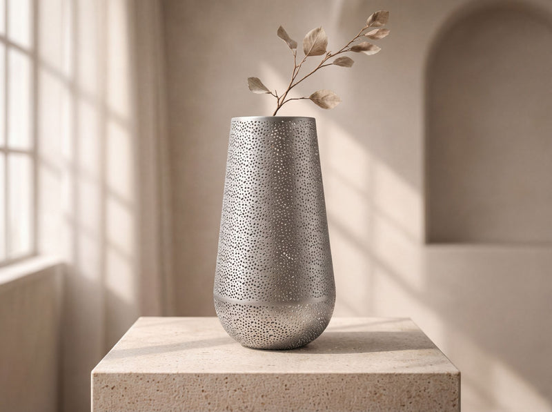 Bodenvase Metall 47 cm Silber, handgefertigte Standvase Wohnzimmer