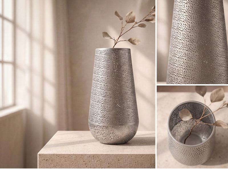 Bodenvase Metall 47 cm Silber, handgefertigte Standvase Wohnzimmer