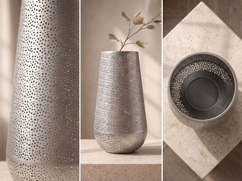 Bodenvase Metall 47 cm Silber, handgefertigte Standvase Wohnzimmer