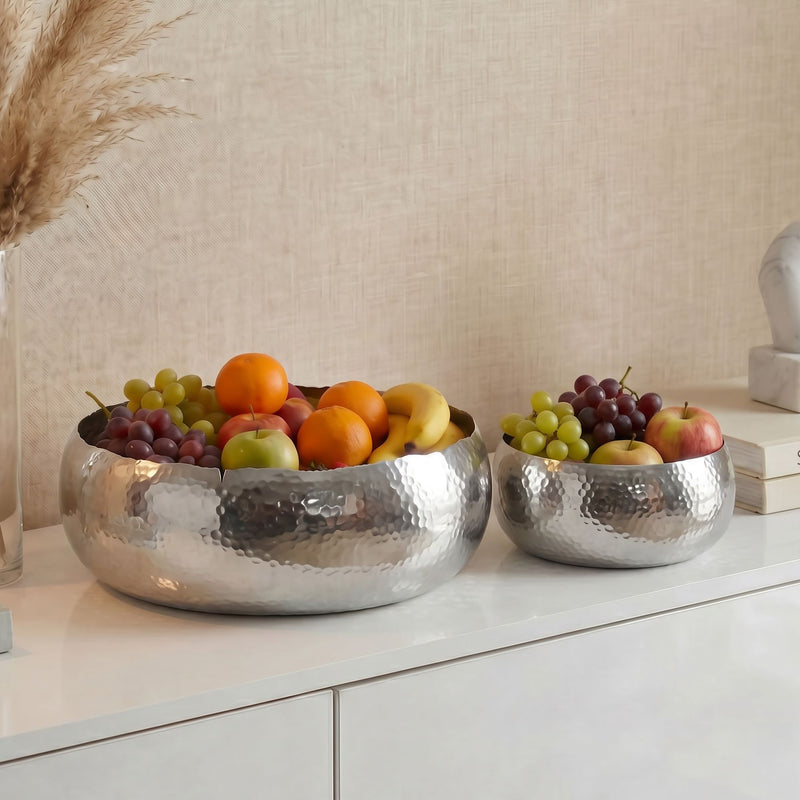 Obstschale Hammerschlag 2er-Set Silber, rund aus Aluminium