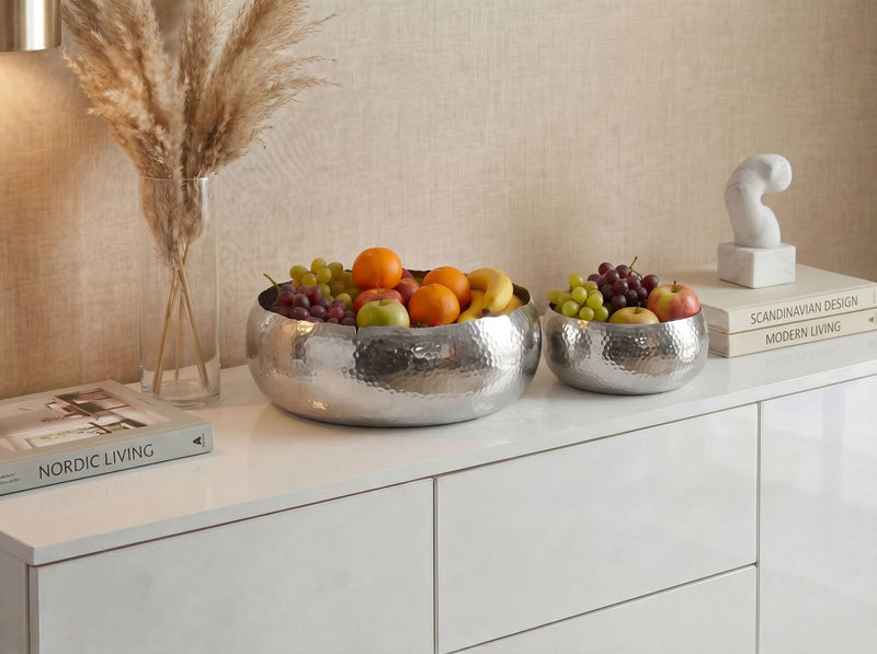 Obstschale Hammerschlag 2er-Set Silber, rund aus Aluminium