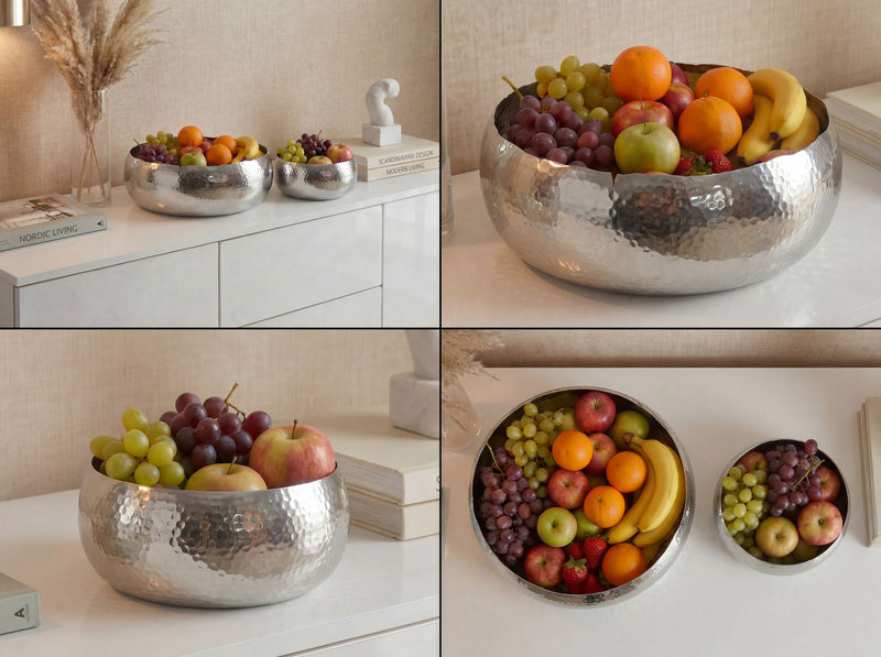 Obstschale Hammerschlag 2er-Set Silber, rund aus Aluminium