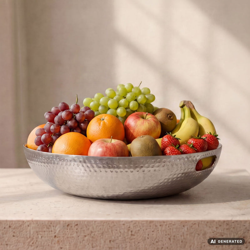 Deko-Obstschale Rund Silber 38 cm Aluminium im Hammerschlag-Look