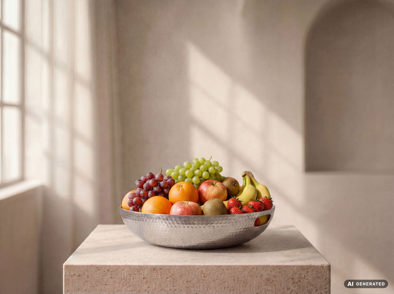 Deko-Obstschale Rund Silber 38 cm Aluminium im Hammerschlag-Look