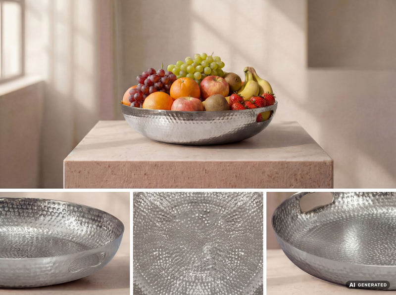 Deko-Obstschale Rund Silber 38 cm Aluminium im Hammerschlag-Look