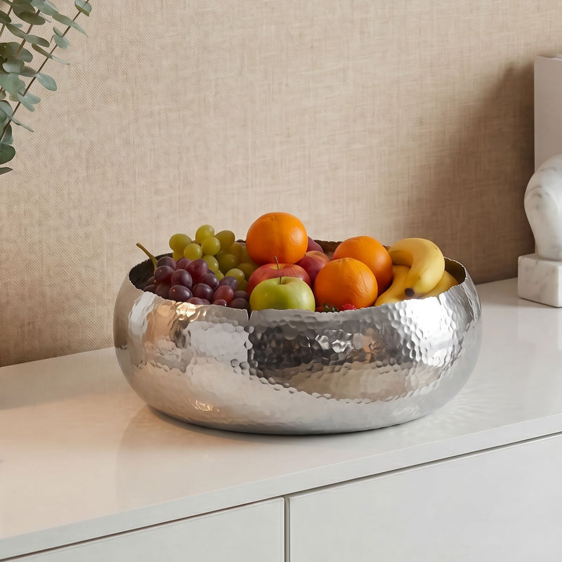 Obstschale Rund Silber 35 cm aus Aluminium mit Hammerschlag-Optik