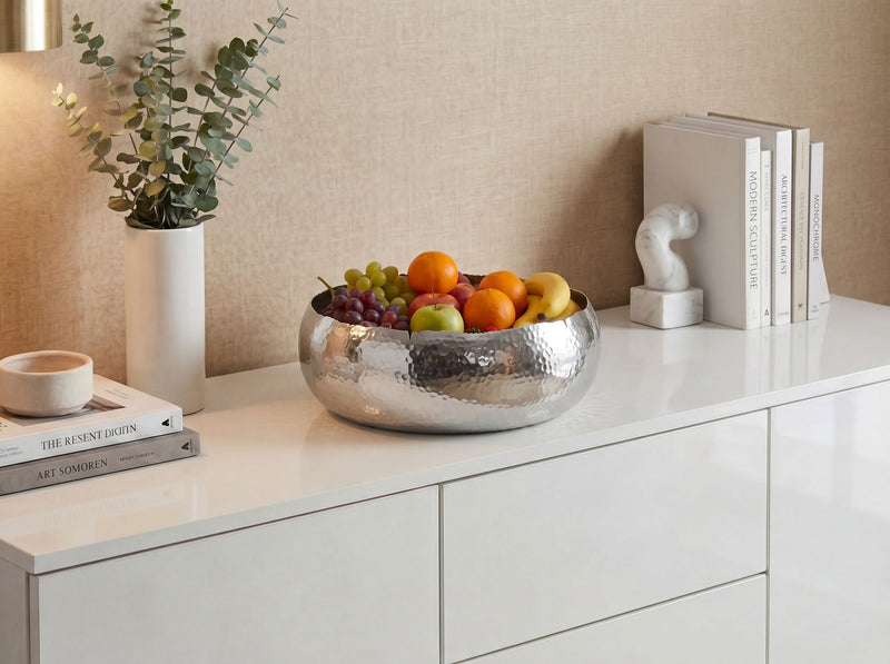 Obstschale Rund Silber 35 cm aus Aluminium mit Hammerschlag-Optik