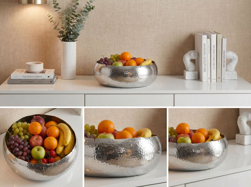 Obstschale Rund Silber 35 cm aus Aluminium mit Hammerschlag-Optik