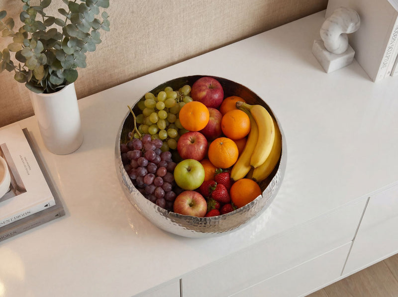 Obstschale Rund Silber 35 cm aus Aluminium mit Hammerschlag-Optik