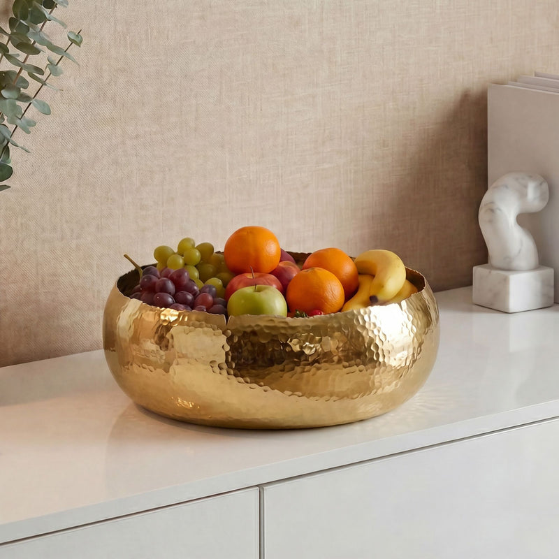 Obstschale Rund Gold Hammerschlag 35 cm aus Aluminium, Handmade
