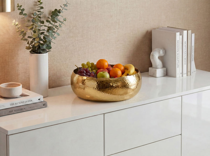 Obstschale Rund Gold Hammerschlag 35 cm aus Aluminium, Handmade