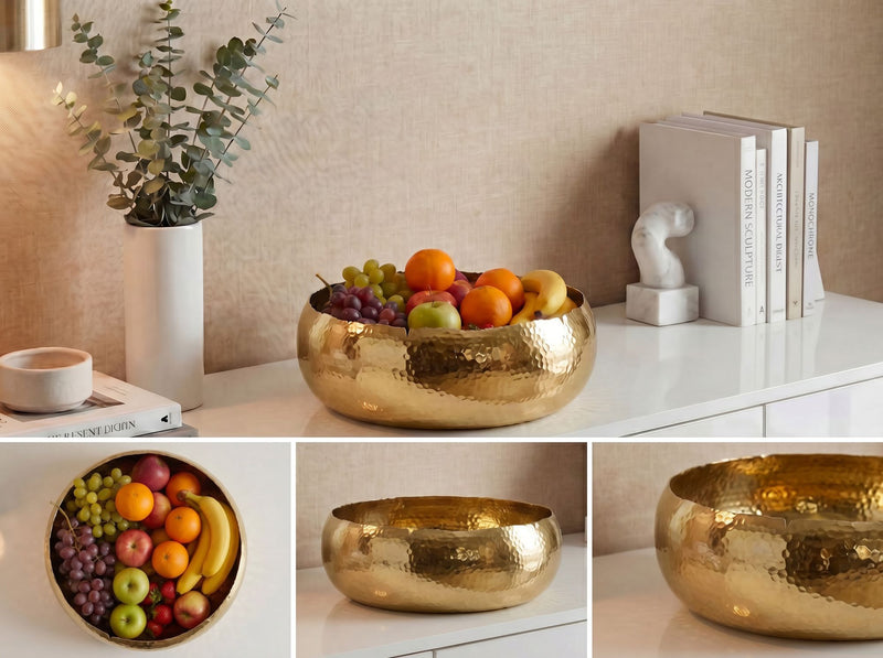 Obstschale Rund Gold Hammerschlag 35 cm aus Aluminium, Handmade