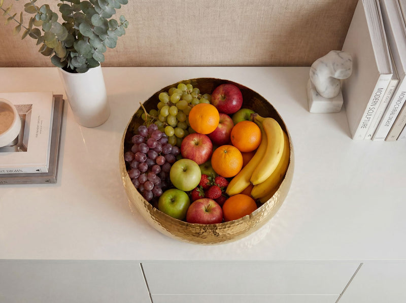 Obstschale Rund Gold Hammerschlag 35 cm aus Aluminium, Handmade