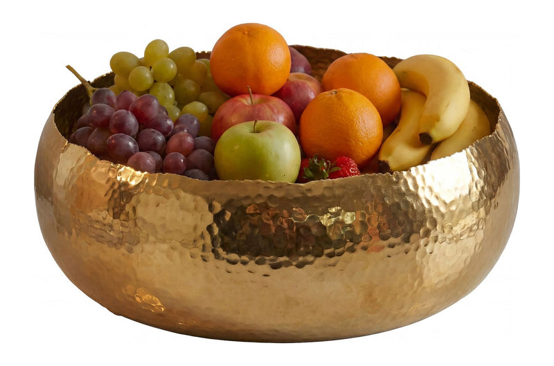 Obstschale Rund Gold Hammerschlag 35 cm aus Aluminium, Handmade