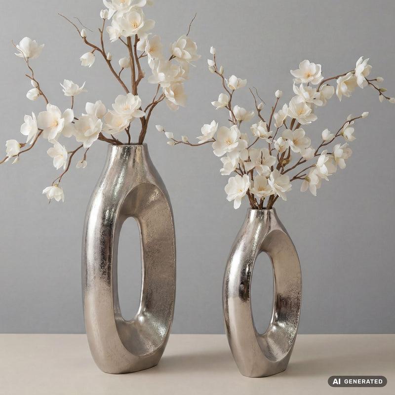 Dekovase 2er Set Metall Silber im Ring-Design – Standvase Wohnling
