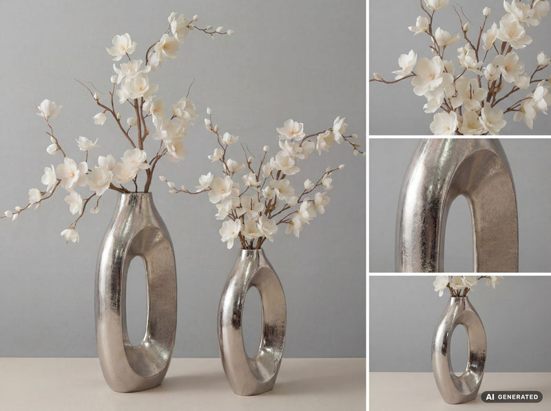 Dekovase 2er Set Metall Silber im Ring-Design – Standvase Wohnling