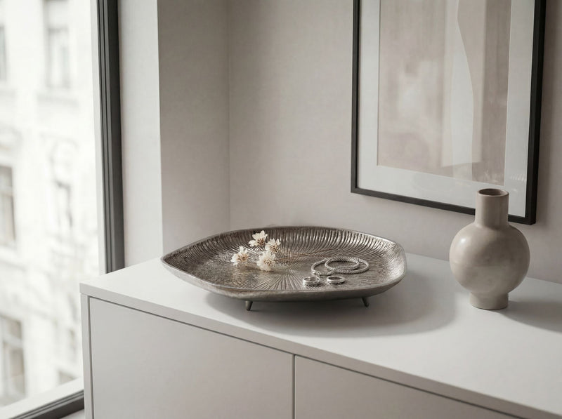 Dekoschale Silber 40 cm Aluminium mit Raw Finish, Wohnling