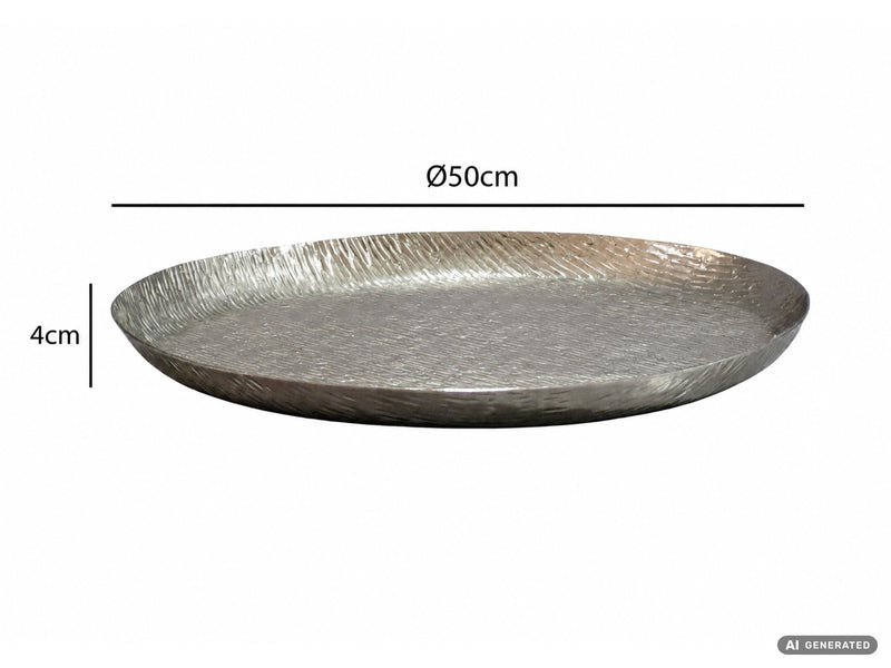 Dekoschale Silber 50 cm rund aus Aluminium mit Rillen-Relief, Handmade