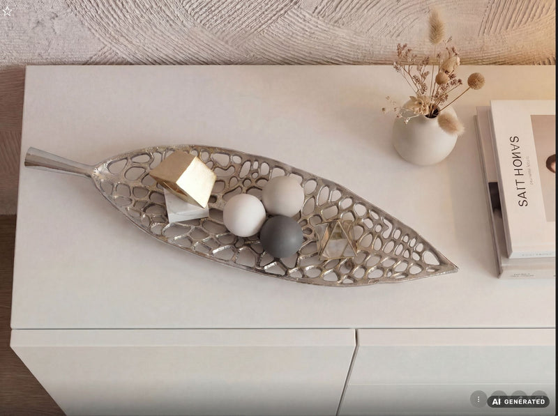 Dekoschale Blatt Wohnling Silber 63 cm Aluminium für Flur & Wohnzimmer